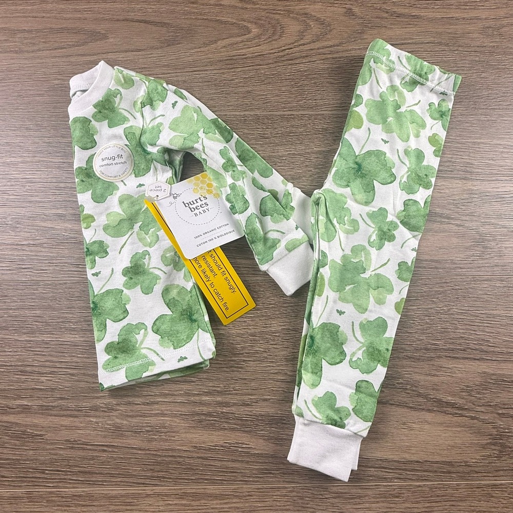 Burt's Bees Baby Pajamas 12M Green Shamrock Organic Cotton 2pc Snug Fit Set NEW